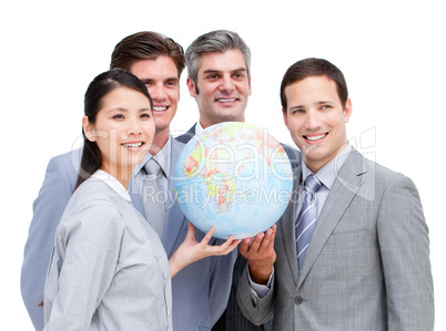 Portrait of a multi-ethnic businessteam holding a globe
