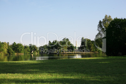 Lake in park, castle in Lednice