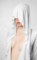 Nude woman closed with white hood