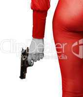 Female hand with pistol and sexy thigh in red