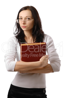 Cute woman with suspicious look and big book