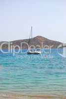 Beach of luxury hotel with yacht view, Crete, Greece