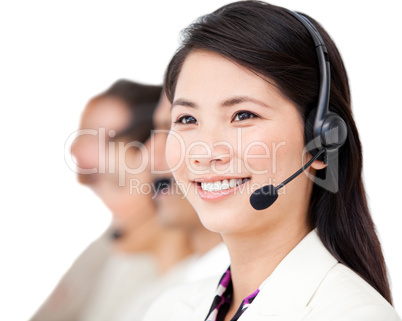 Confident business people with headset on standing