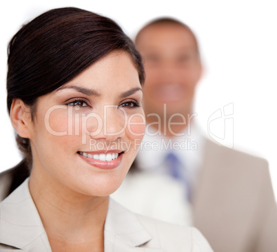 Cheerful business people standing in a line