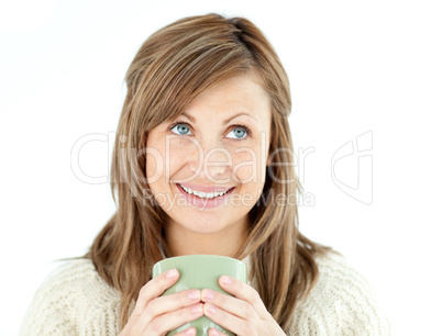 Caucasian woman holding a cup a coffee