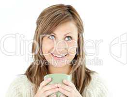 Caucasian woman holding a cup a coffee