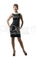 Woman in black dress isolated on white
