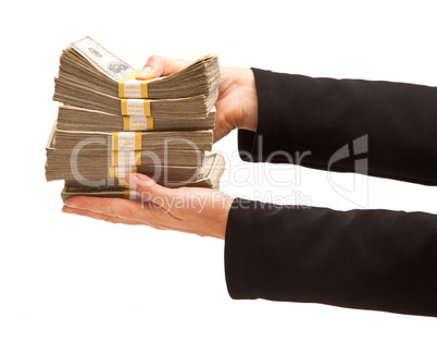 Woman Handing Over Hundreds of Dollars