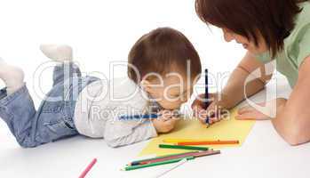 Mother teach her child to draw