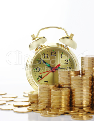 Time is money - clock dial and golden coins