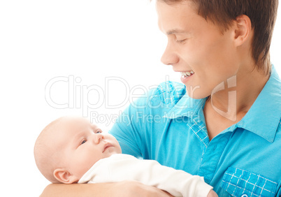 Happy father holds his little child