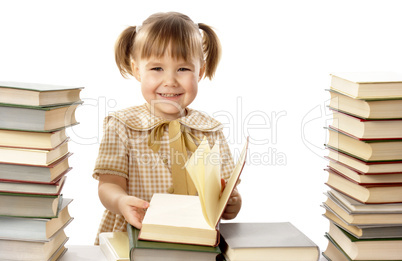 Happy little girl with books, back to school