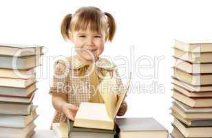Happy little girl with books, back to school
