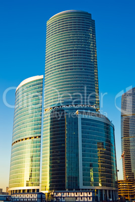 Tall skyscrapers at sunset