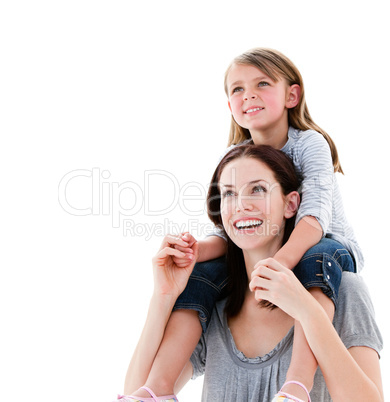 Cheerful mother giving piggyback ride to her daughter