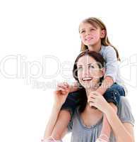 Cheerful mother giving piggyback ride to her daughter