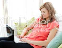 Concentrated woman using a laptop sitting on a sofa