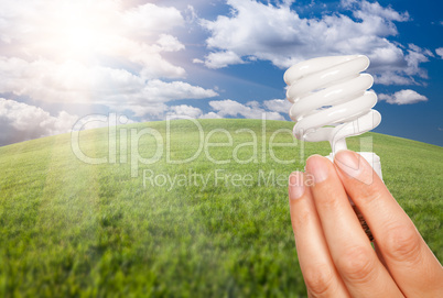 Female Hand with Energy Saving Light Bulb Over Field
