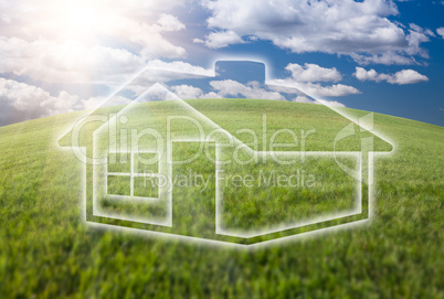 Dreamy House Icon Over Grass Field and Sky.