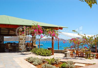 Traditional Greek open-air restaurant at luxury hotel, Crete, Gr