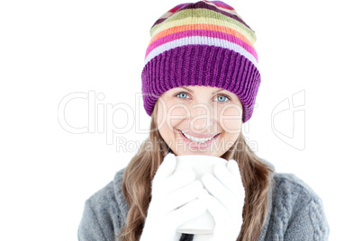 Beautiful woman holding a cup a coffee