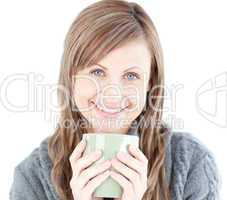 Cute woman holding a cup a coffee