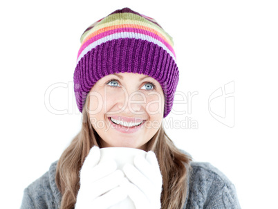 Bright woman holding a cup a coffee