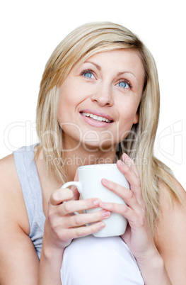 Bright woman holding a cup of coffee