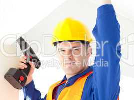 Joyful electrician repairing a power plan
