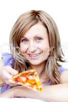 Joyful woman holding a pizza