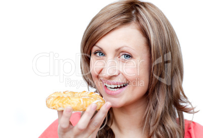 Bright woman eating a cake