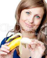 Bright woman holding a bananna