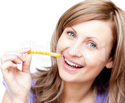 Radiant woman holding chips