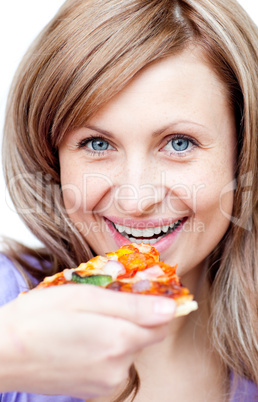 Lively woman holding a pizza