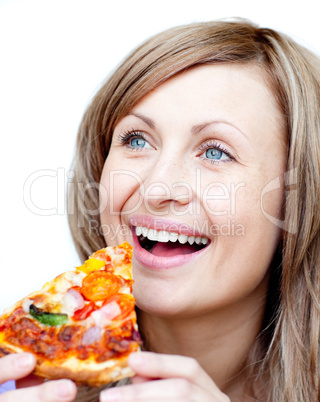 Cute woman holding a pizza