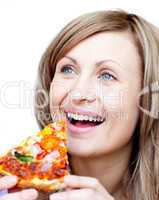 Cute woman holding a pizza