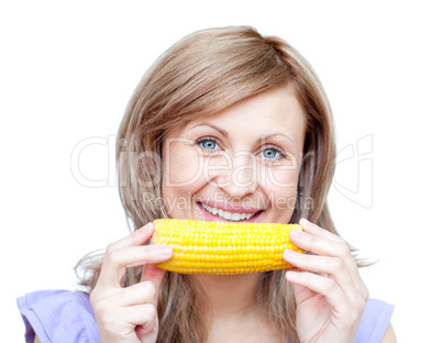 Bright woman holding a corn