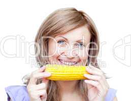 Bright woman holding a corn
