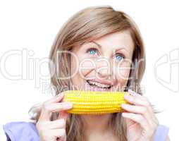 Radiant woman holding a corn