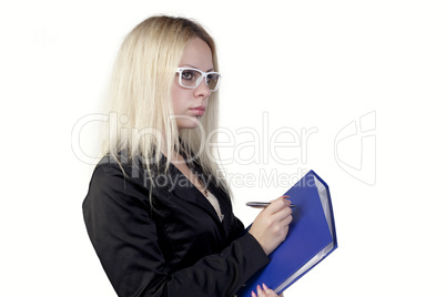 Blond girl posing on a white background