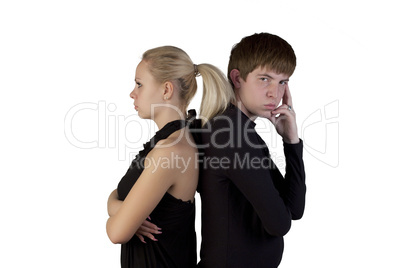 Woman and young man posing on a white background