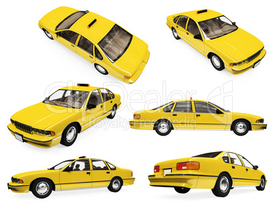 Collage of isolated yellow taxi
