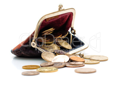 Purse and coins isolated