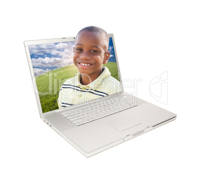 Happy African American Boy in Laptop