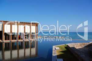 Restaurant, swimming pool and beach of modern luxury hotel, Cret