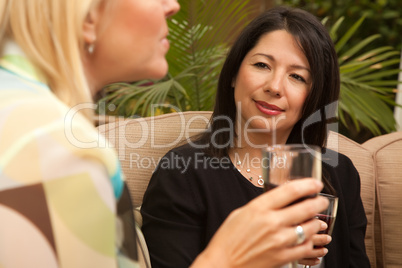 Two Girlfriends Enjoy Wine on the Patio
