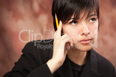 Multiethnic Girl Ponders While Holding Pencil