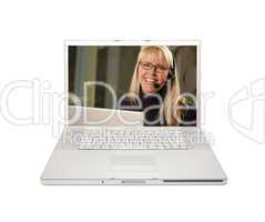 Pretty Woman with Headset on Laptop