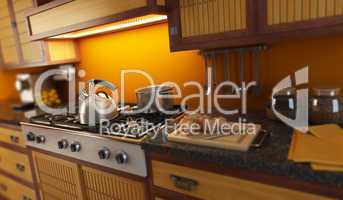 3d rendering close-up view of modern kitchen with small depth of