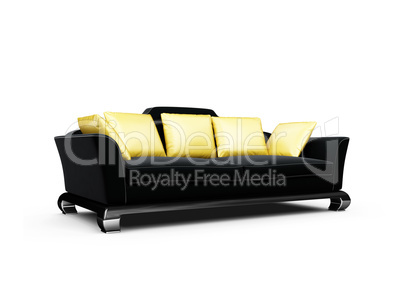 Black couch with gold pillows over white